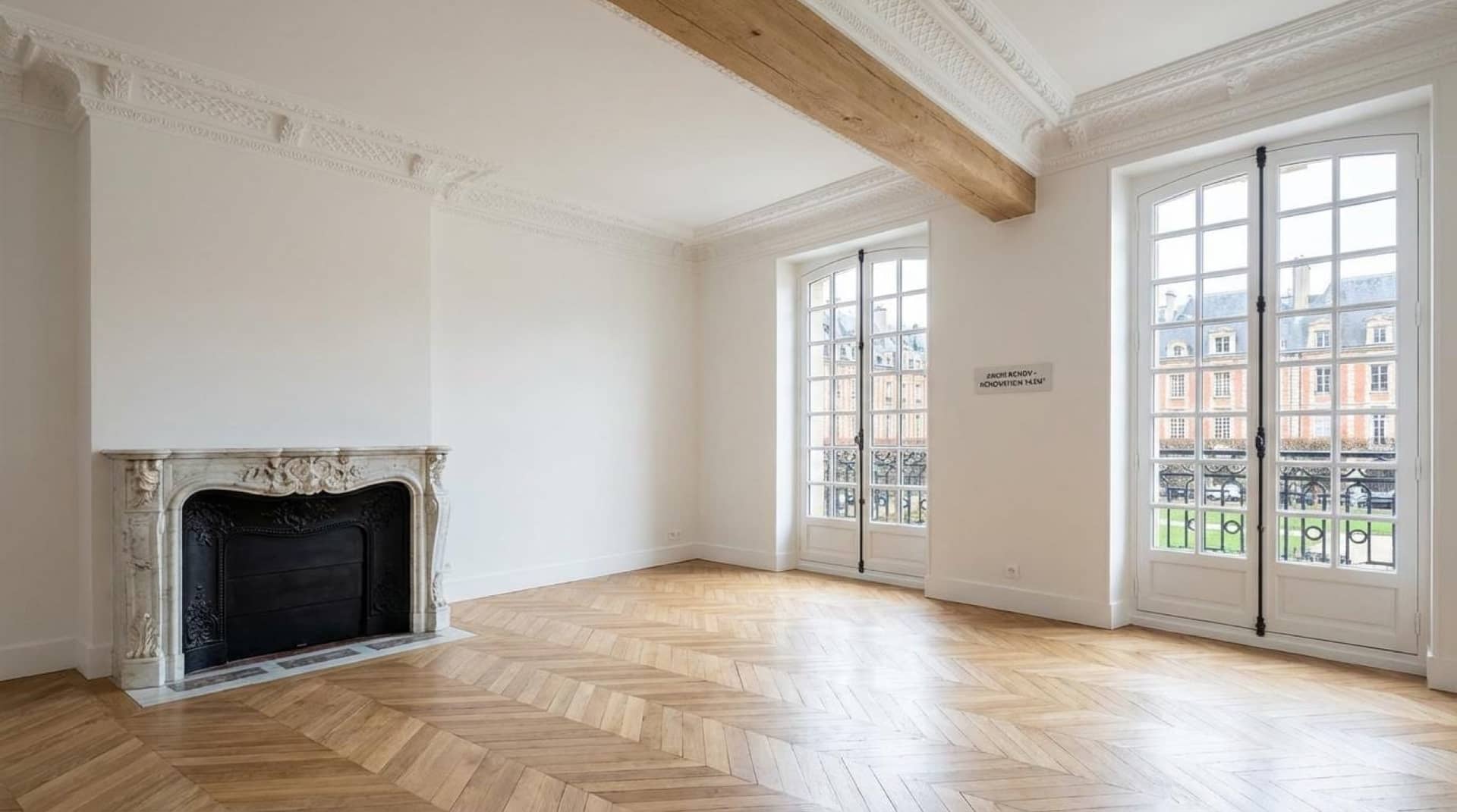 Pièce haussmannienne vide, cheminée en marbre et parquet ancien
