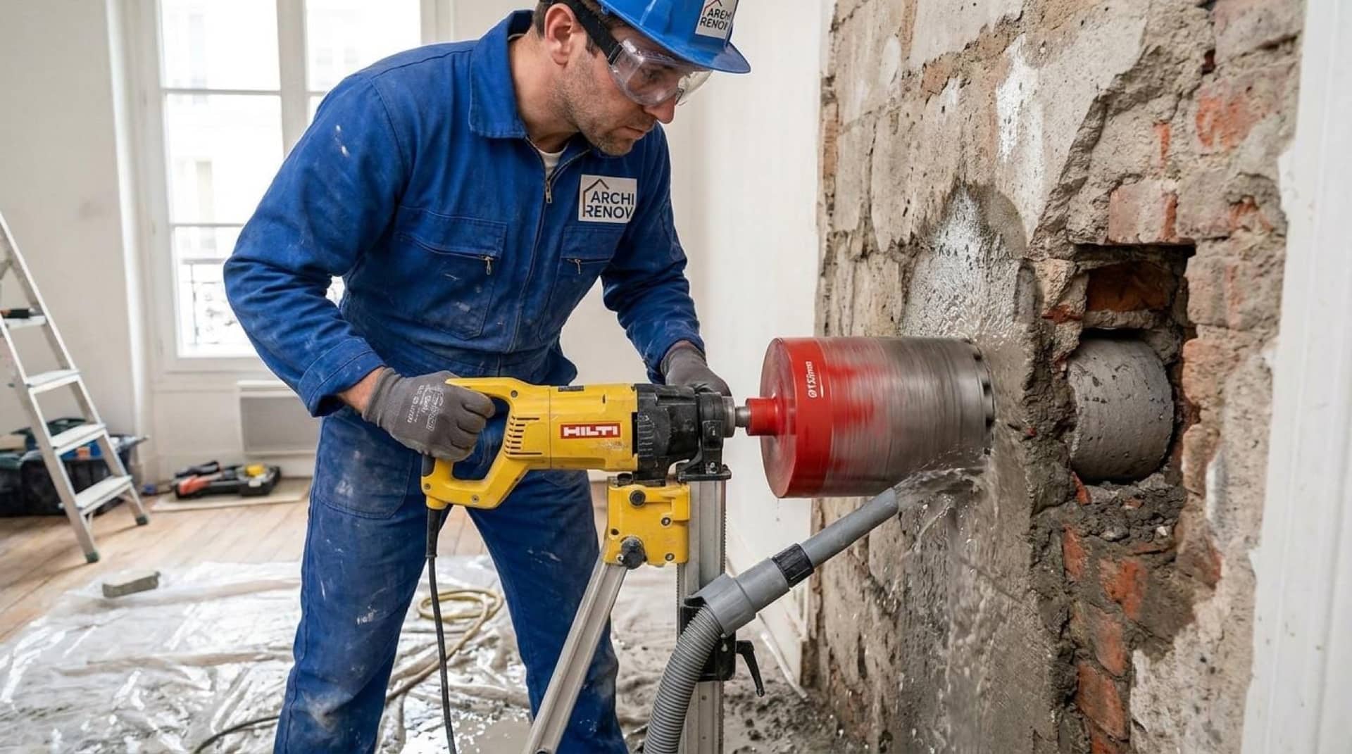 Ouverture créée dans un mur porteur ancien, linteau en acier en place