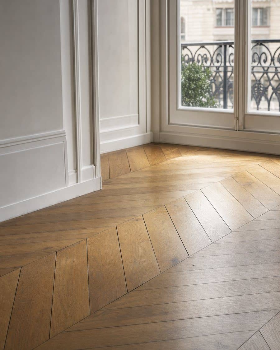 Parquet ancien en chêne en point de Hongrie au pied d’un mur à panneaux